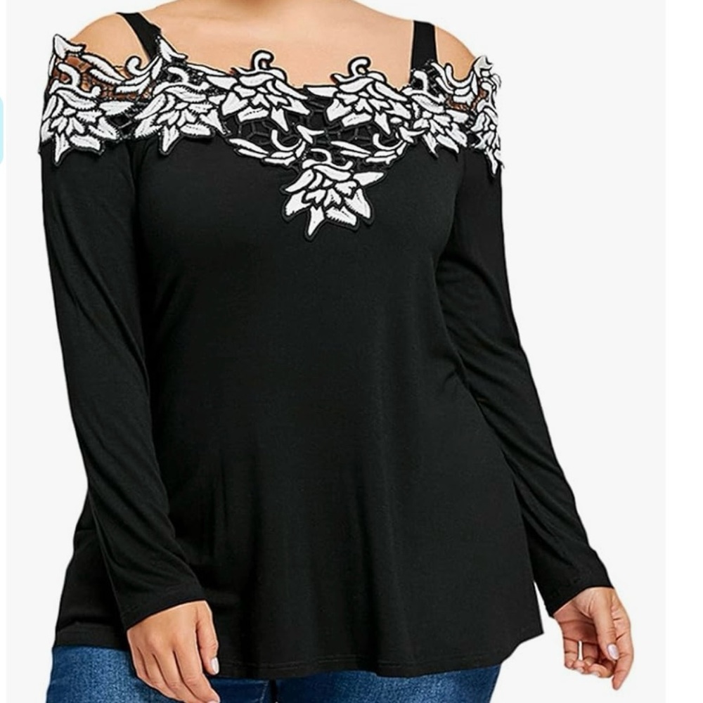 NWOT-Off the Shoulder Tunic Blouse ~Size XL~Cotton-Straps-Black w/White Flowers